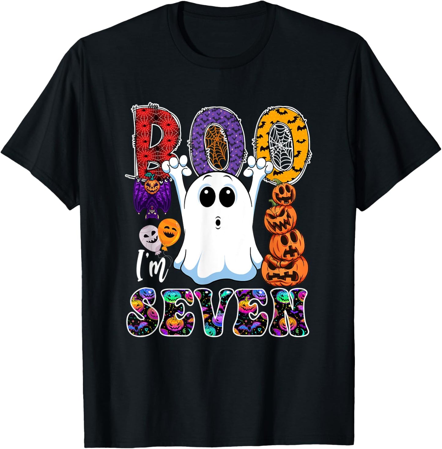 Boo I'm Seven Cute Boo Ghost Halloween 7th Birthday Family T-Shirt - T-Shirt | Black