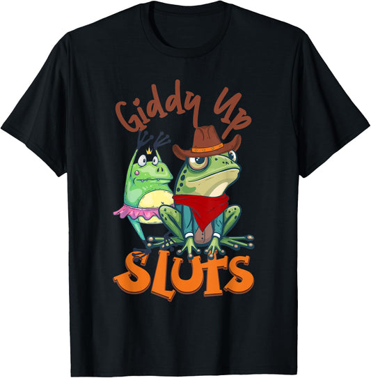 Giddy Up-Sluts Funny Western Cowgirl Ranch Rodeo Frog T-Shirt - T-Shirt | Black
