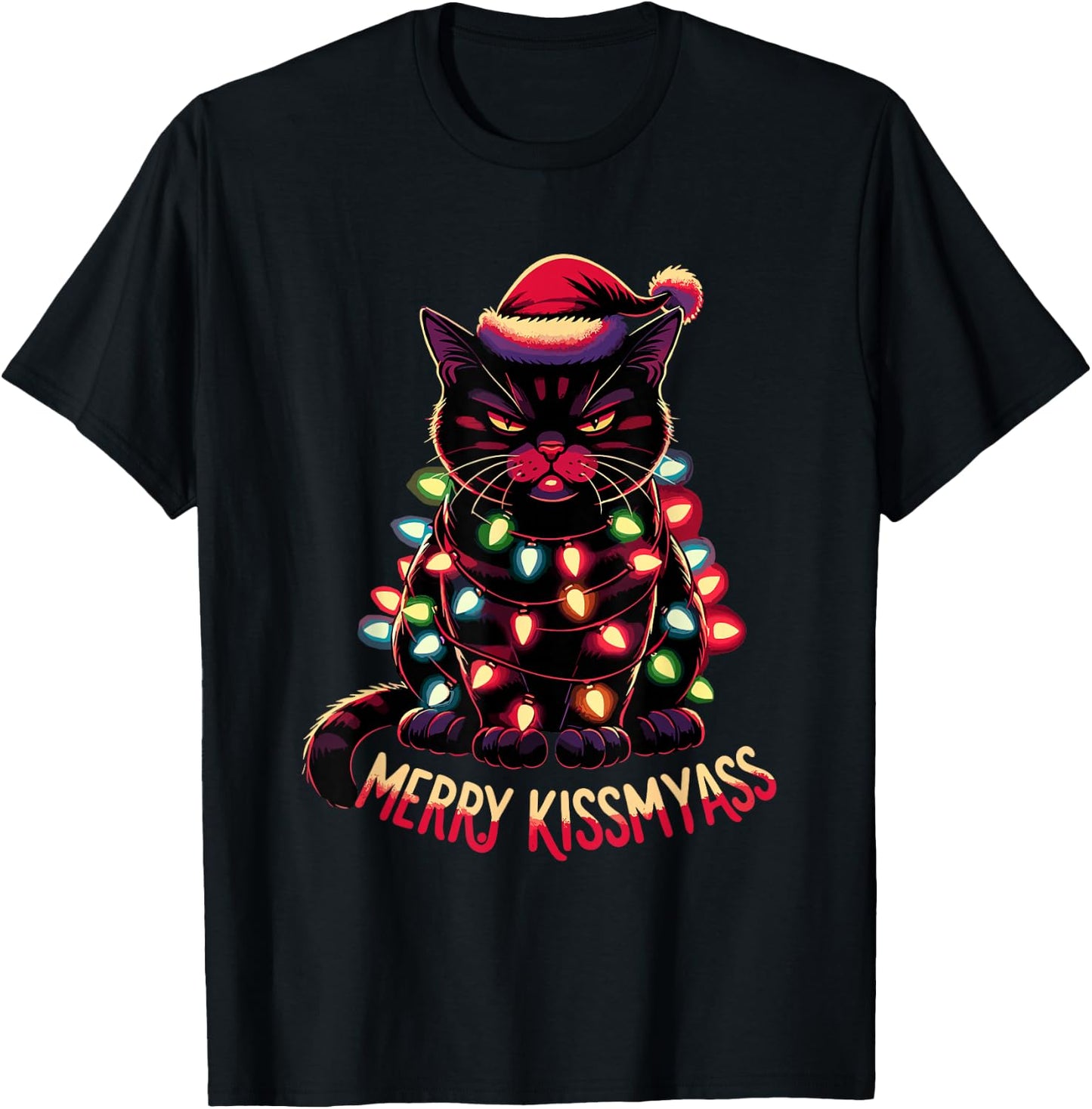 Merry Kissmyass Funny Black Cat Christmas Lights Santa Hat T-Shirt - T-Shirt | Black