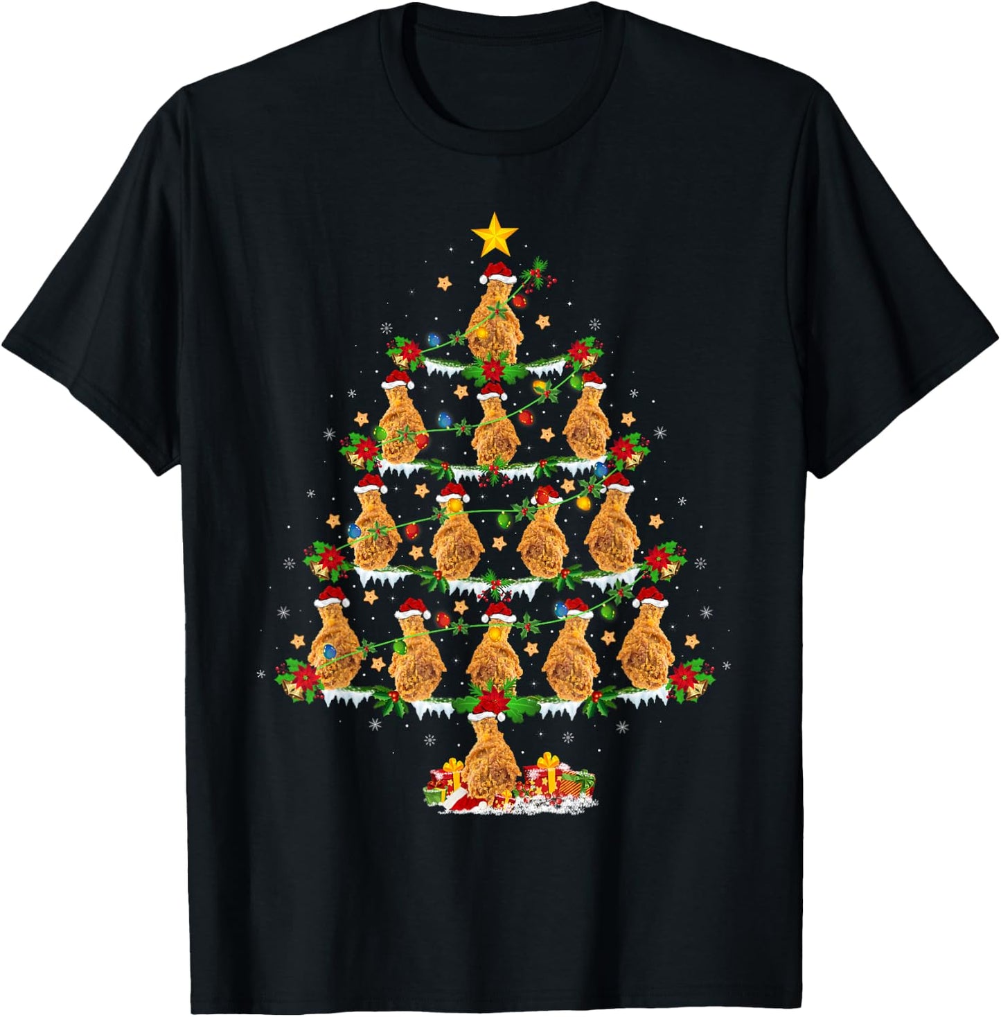 Holiday Xmas Lighting Santa Fried Chicken Christmas Tree T-Shirt - T-Shirt | Black