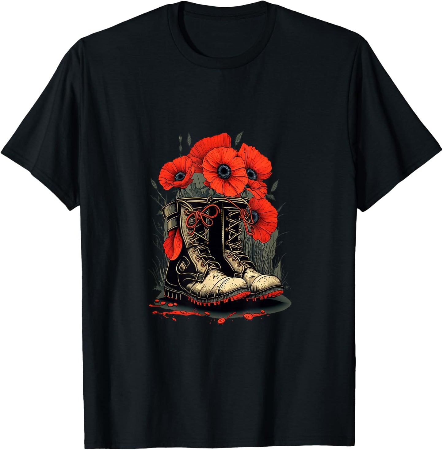 Memorial Day Red Poppy Flower Military Boots 4th of July T-Shirt - T-Shirt | Black