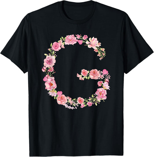 Cool Initial Alphabet Monogram Flowers Gifts Floral Letter G T-Shirt - T-Shirt | Black