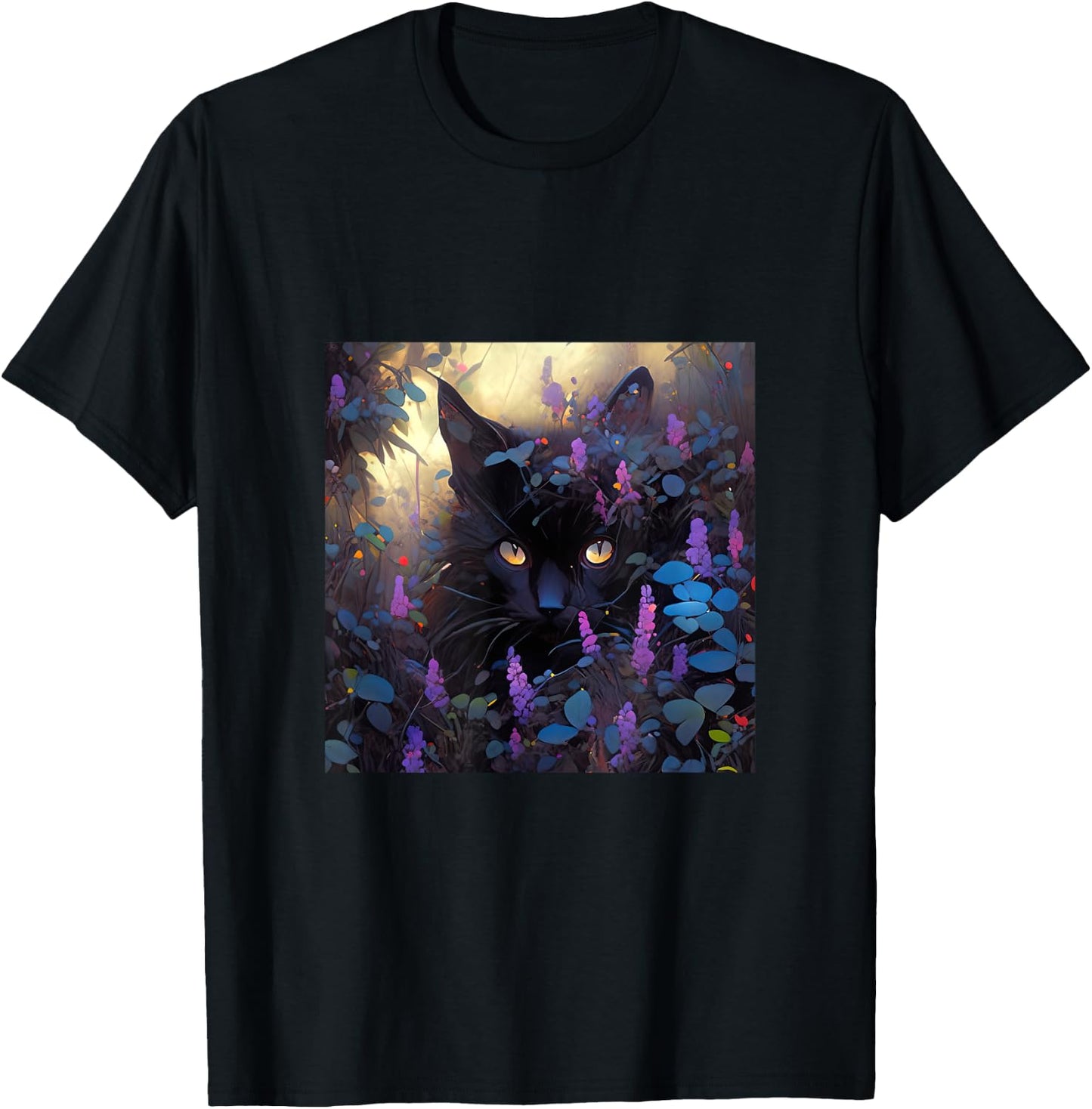 Black Adorable Cat Purple Spring Flowers Women T-Shirt - T-Shirt | Black