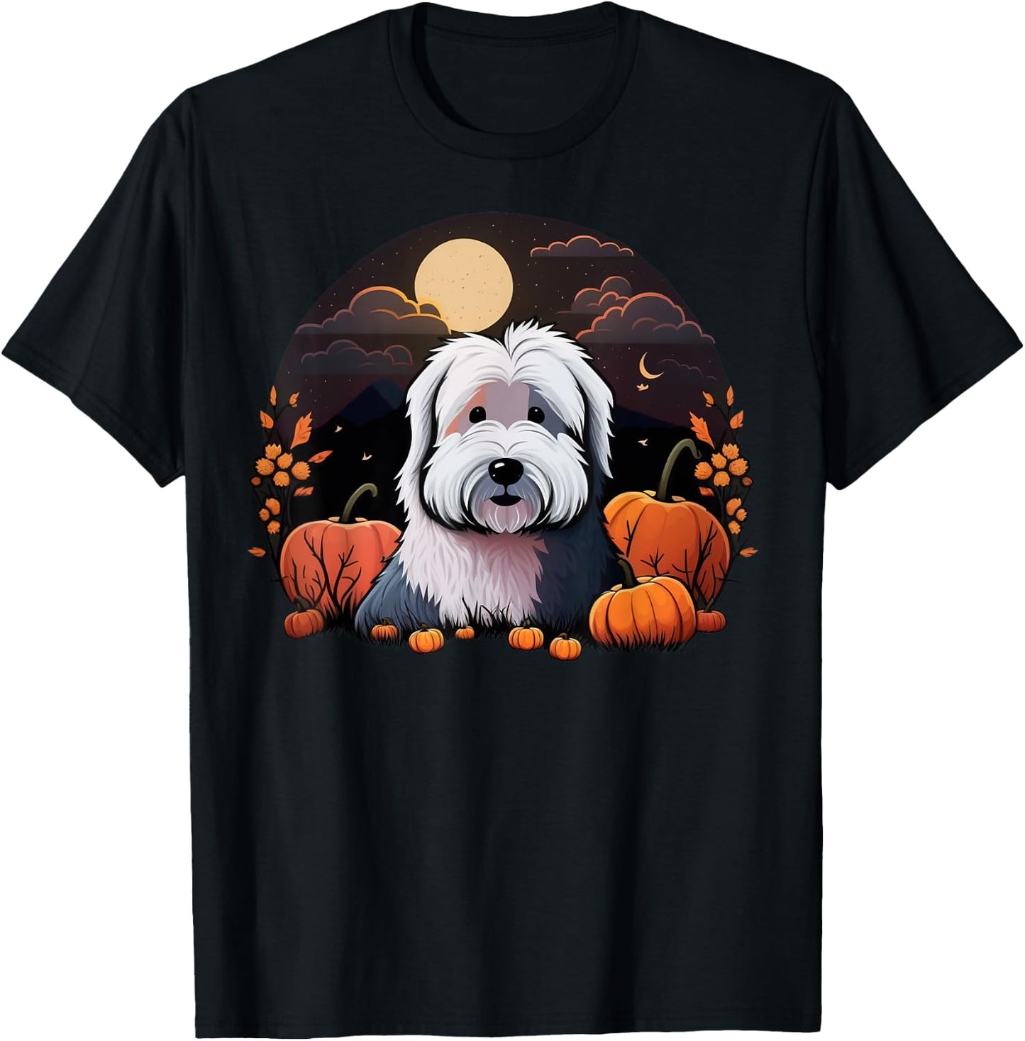 Pumpkin Bobtail costume on Old English Sheepdog Halloween T-Shirt - T-Shirt | Black