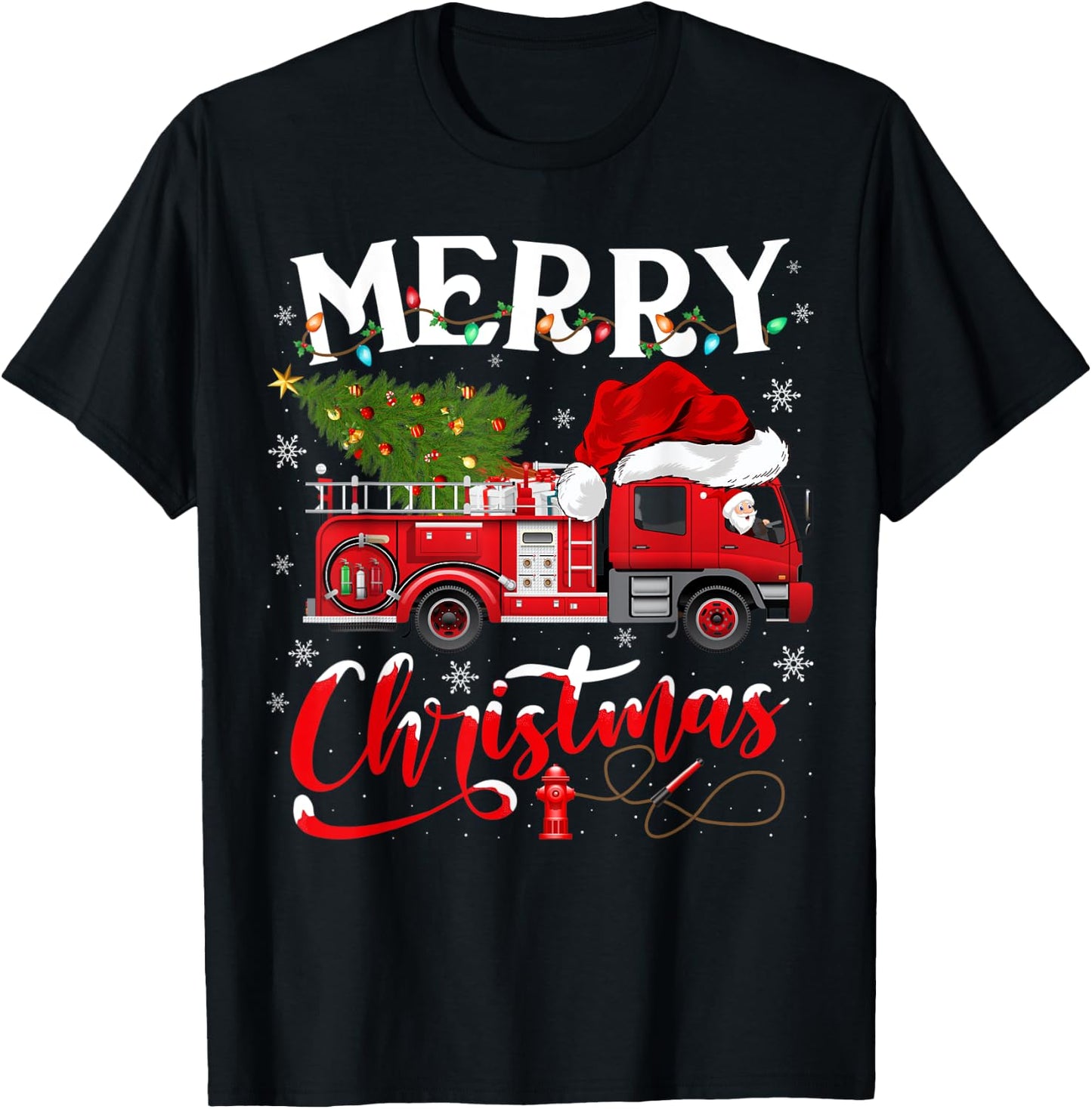 Fire Truck Xmas Tree Fireman Firefighter Merry Christmas T-Shirt - T-Shirt | Black