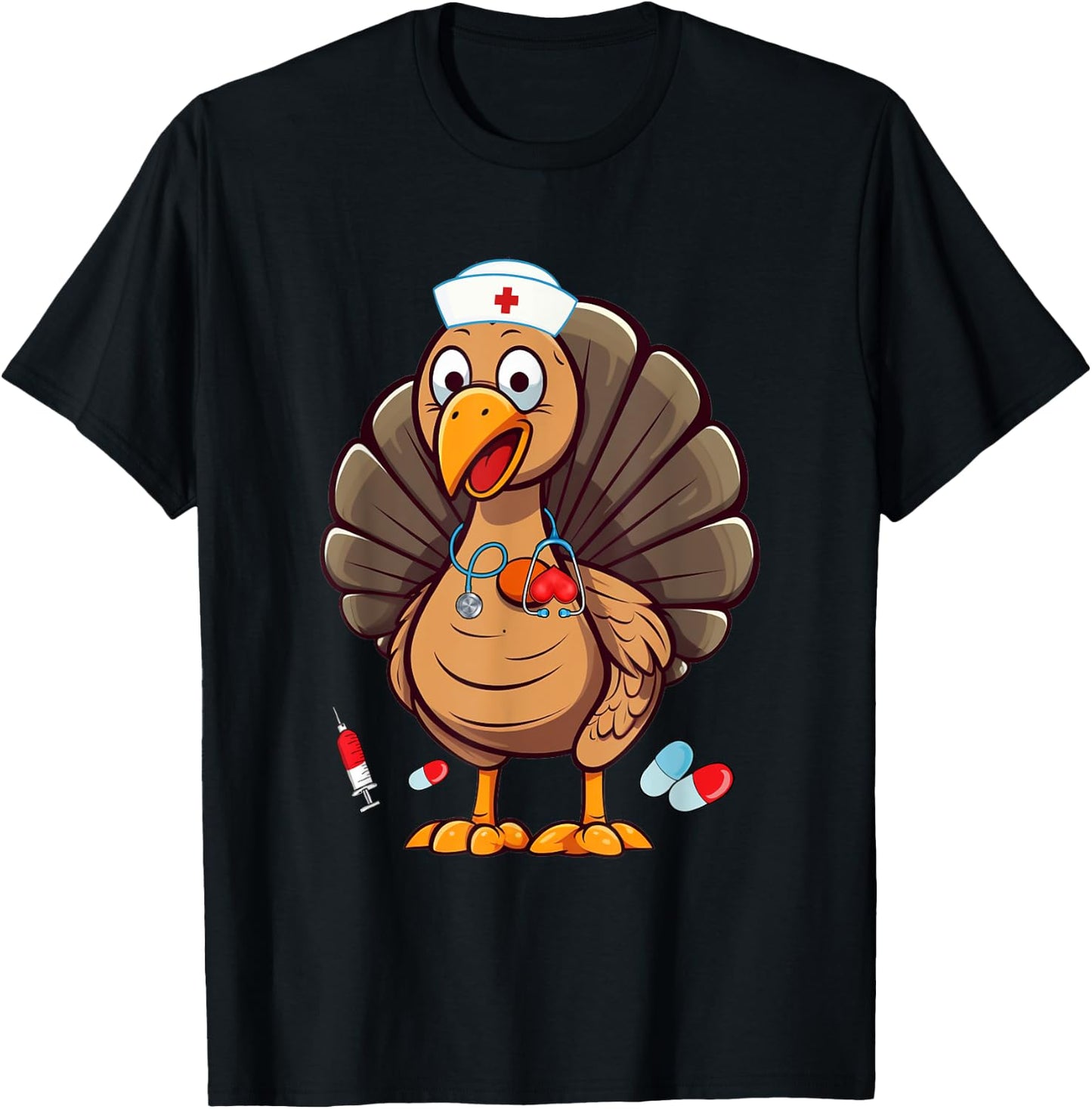Turkey Nurse Stethoscope Thanksgiving Fall Scrub Top Women T-Shirt - T-Shirt | Black