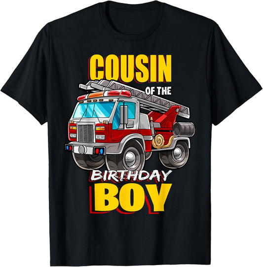 Cousin of the Birthday Boy Matching Family Fireman Firetruck T-Shirt - T-Shirt | Black