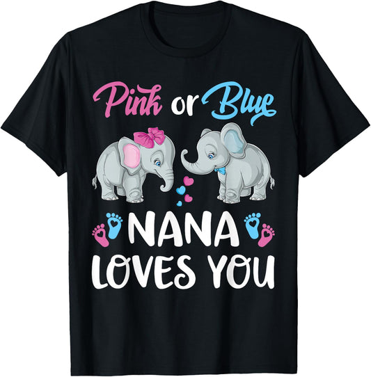 Pink Or Blue Nana Loves You Elephants Gender Reveal Family T-Shirt - T-Shirt | Black