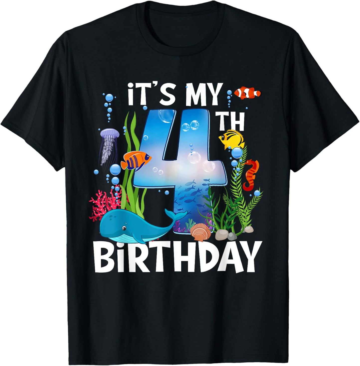 Kids 4 Year Old Ocean Life Whale Dolphin Shark 4th Birthday T-Shirt - T-Shirt | Black