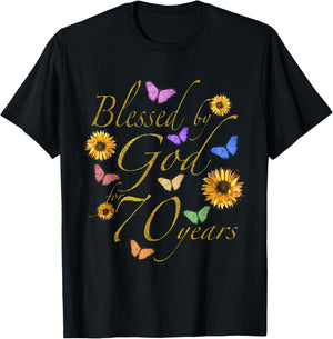 Blessed By God For 70 Year Butterfly Sunflower 70th Birthday T-Shirt - T-Shirt | Black