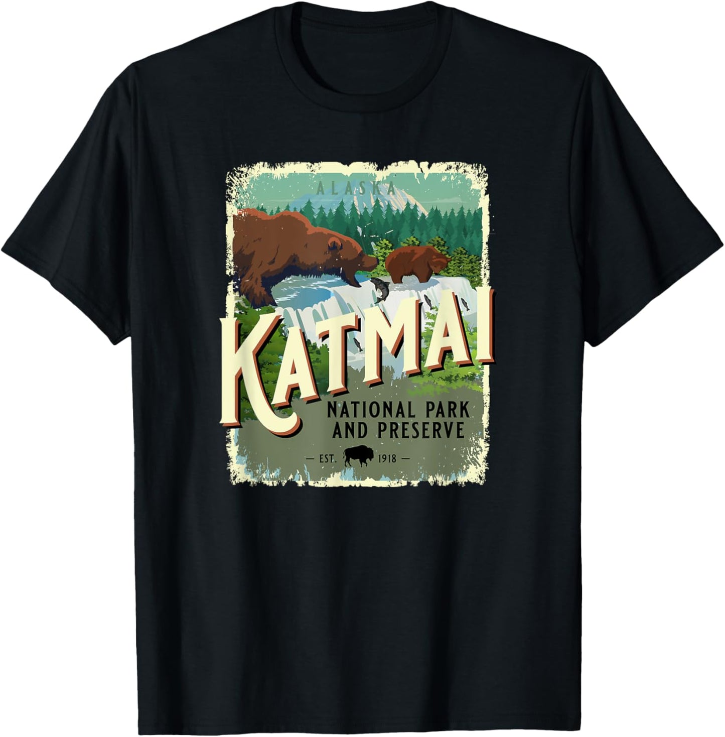 Katmai National Park and Preserve Alaska Brown Bear Souvenir T-Shirt - T-Shirt | Black