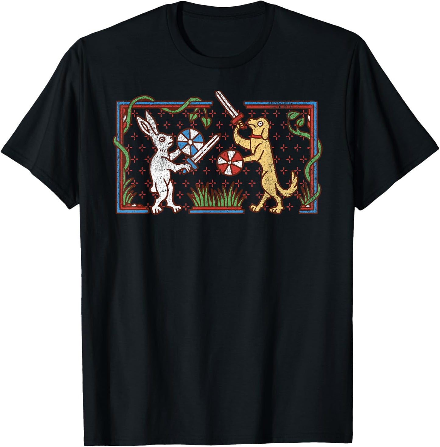 Medieval Rabbit & Dog Sword Fighting Cute Vintage Retro Men Women Girls Kids T-Shirt - T-Shirt | Black