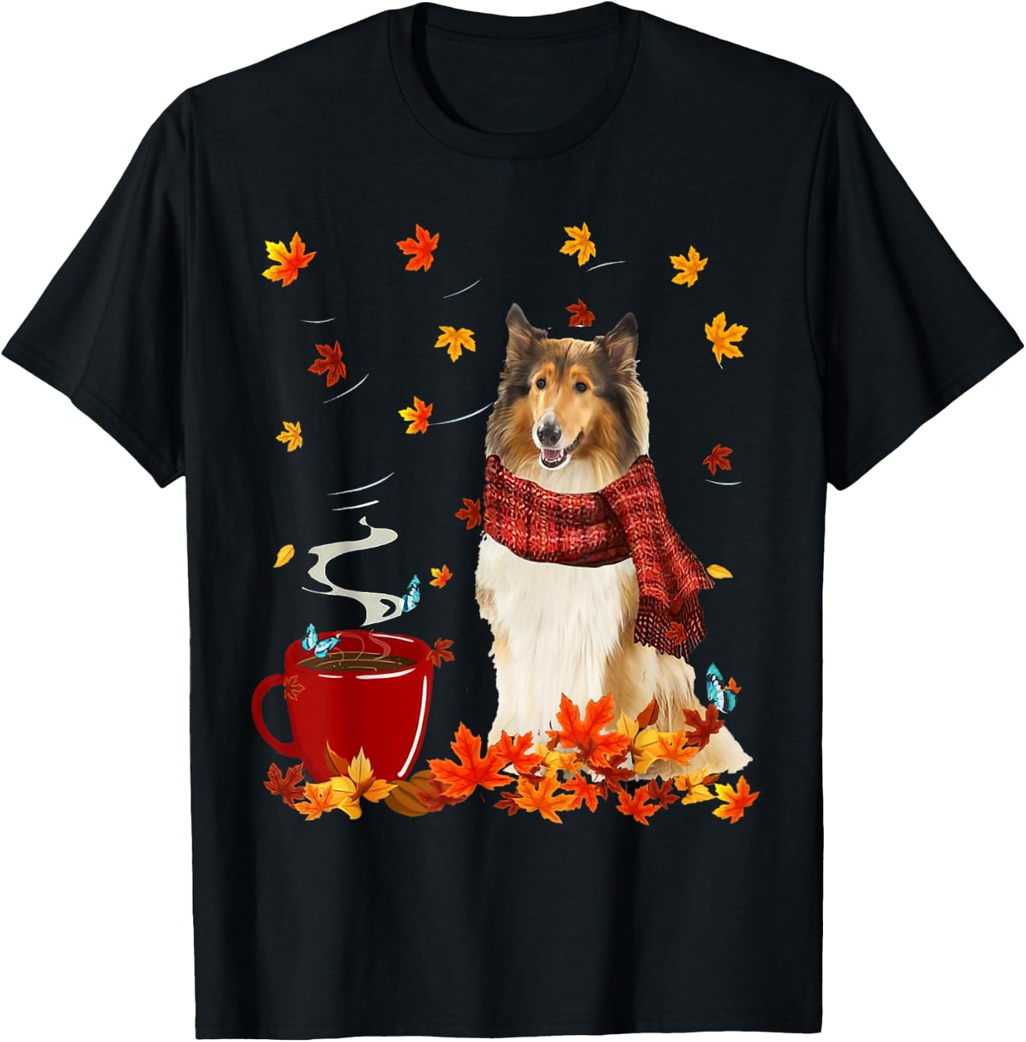 Rough Collie Fall Red Scarf Autumn Leaf For Dog Lover T-Shirt - T-Shirt | Black