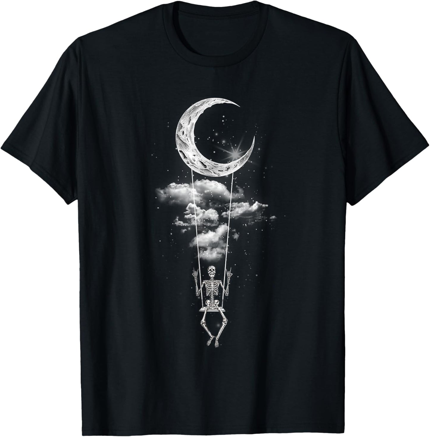 Skeleton Hand Rock On Moon Swing Funny Halloween T-Shirt - T-Shirt | Black