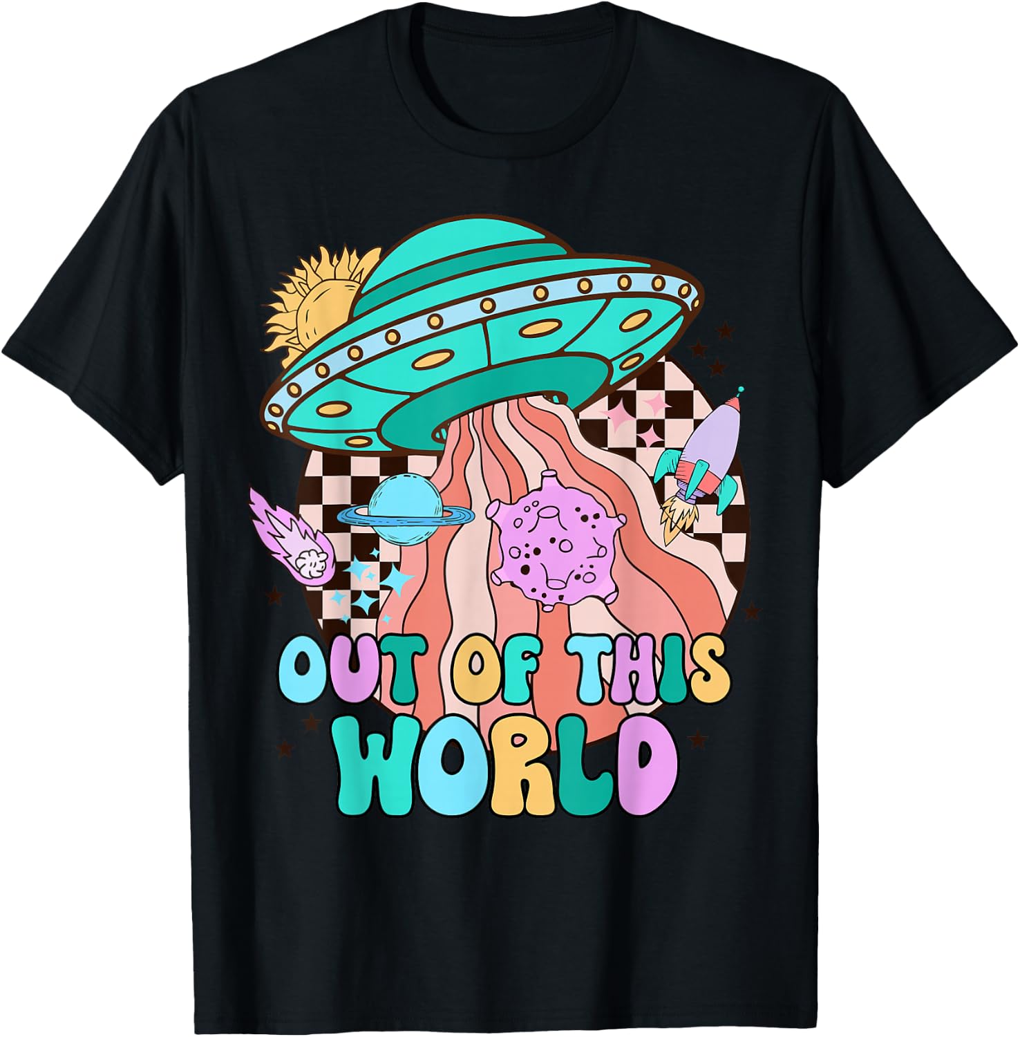 Out of This World Outer Space Rocket Retro Planet Galaxy T-Shirt - T-Shirt | Black