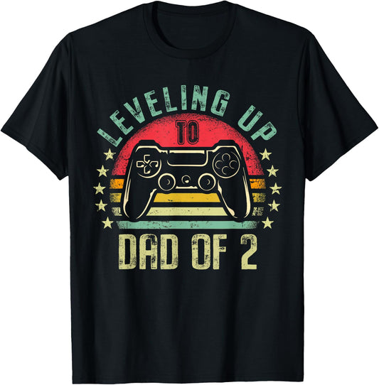 Leveling Up To Dad of 2 Daddy Again Leveled Up Video Gamer T-Shirt - T-Shirt | Black