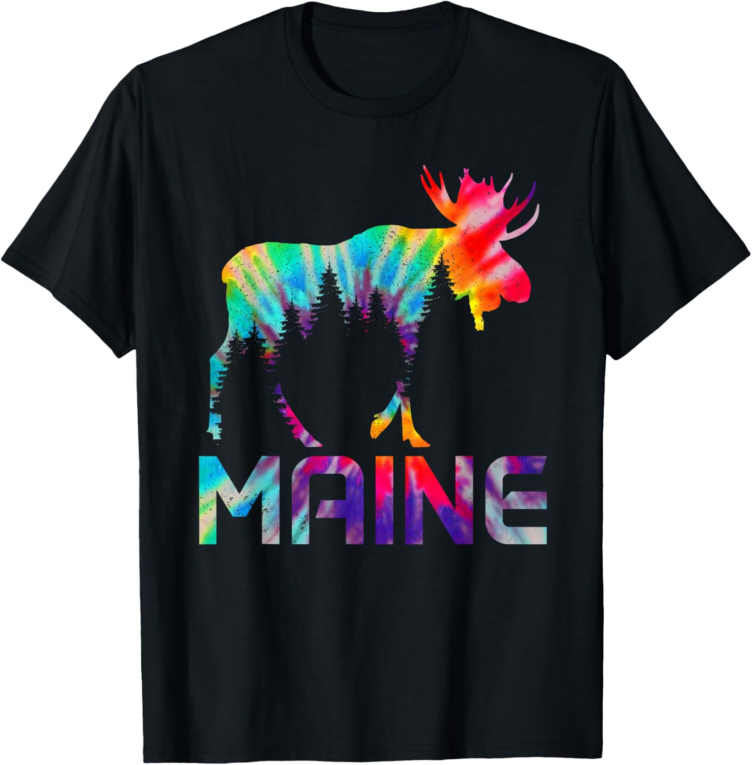 Maine Vintage Tie Dye Souvenir Elk T-Shirt - T-Shirt | Black