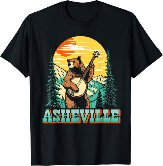 Asheville North Carolina Banjo Bear Vintage Nature T-Shirt - T-Shirt | Black