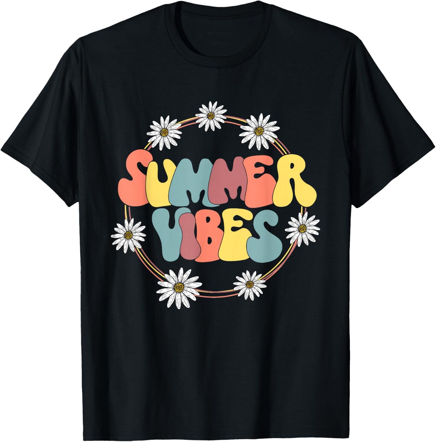 Retro Groovy Summer Vibes Sunflower Hello Summer Vacation T-Shirt - T-Shirt | Black
