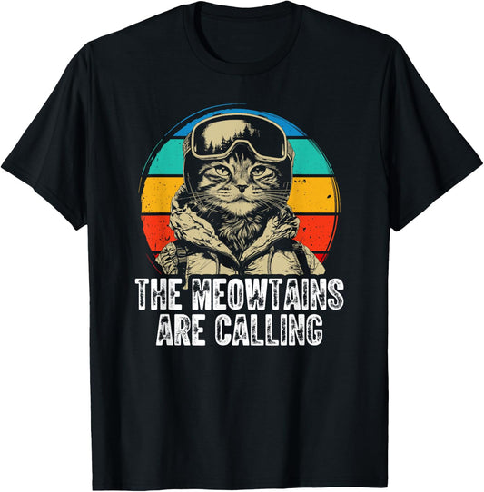 Funny Skiing Cat Gift Snowboarder Accessories The Meowtains Are Calling Cat Goggle Design -Adults Kids Black Short Sleeve S T-Shirt - T-Shirt | Black
