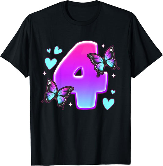 Birthday Girl 4 years, Butterflies and Number 4 T-Shirt - T-Shirt | Black