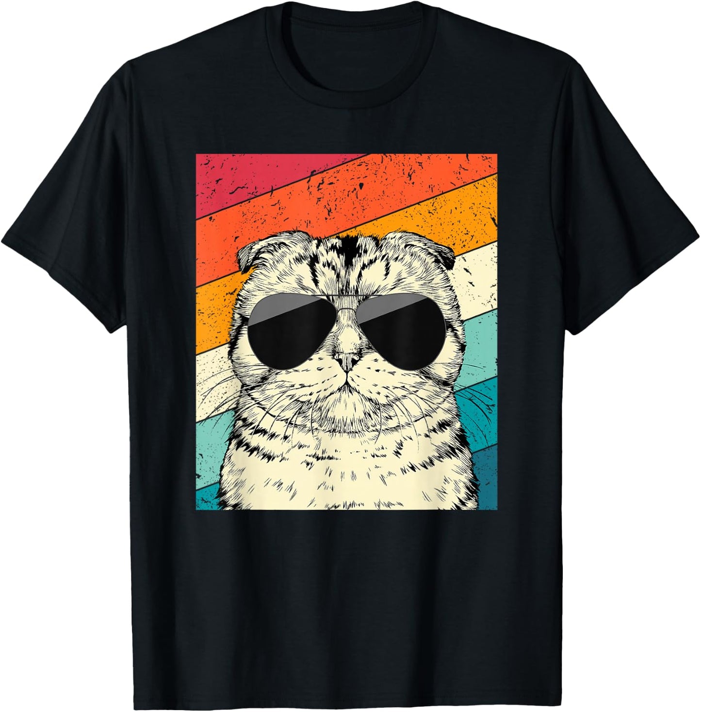 Retro Vintage Scottish Fold Cat with Sunglasses Cat Lovers T-Shirt - T-Shirt | Black