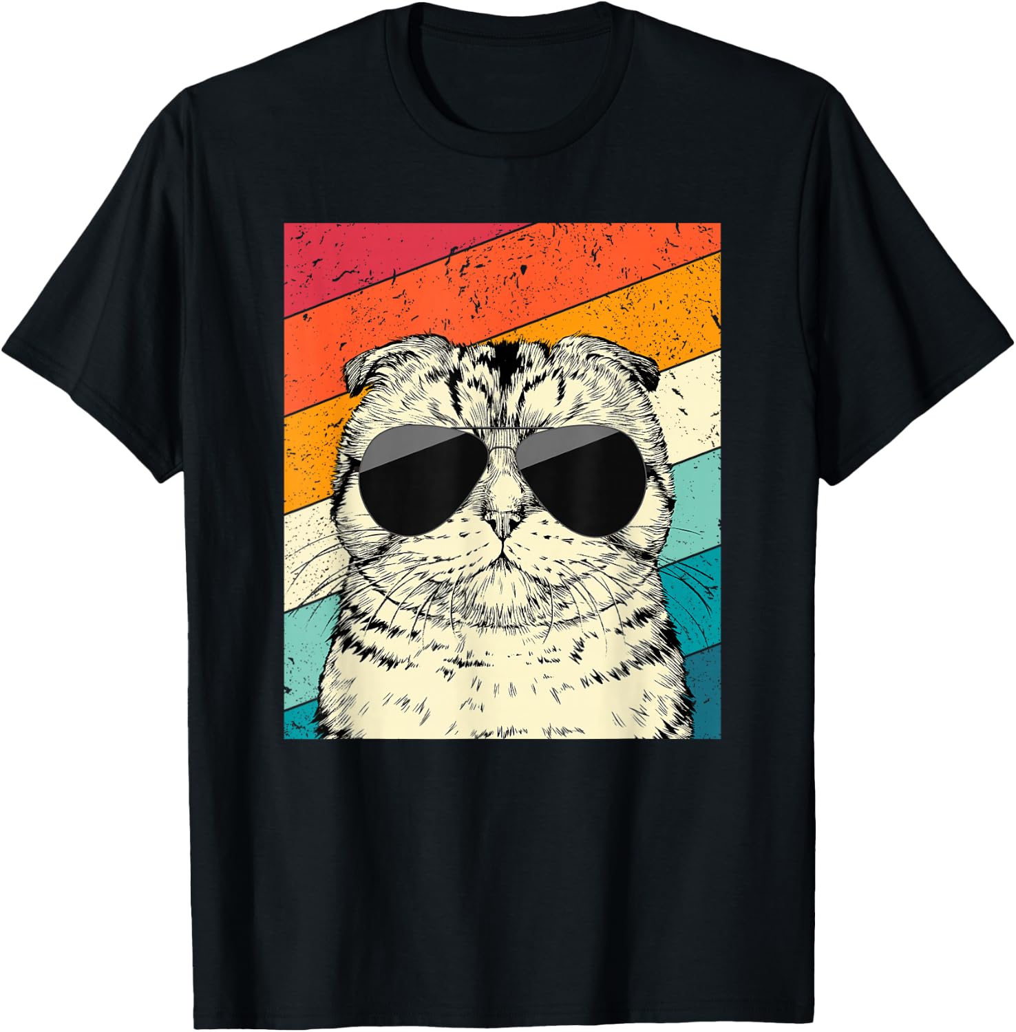 Retro Vintage Scottish Fold Cat with Sunglasses Cat Lovers T-Shirt - T-Shirt | Black