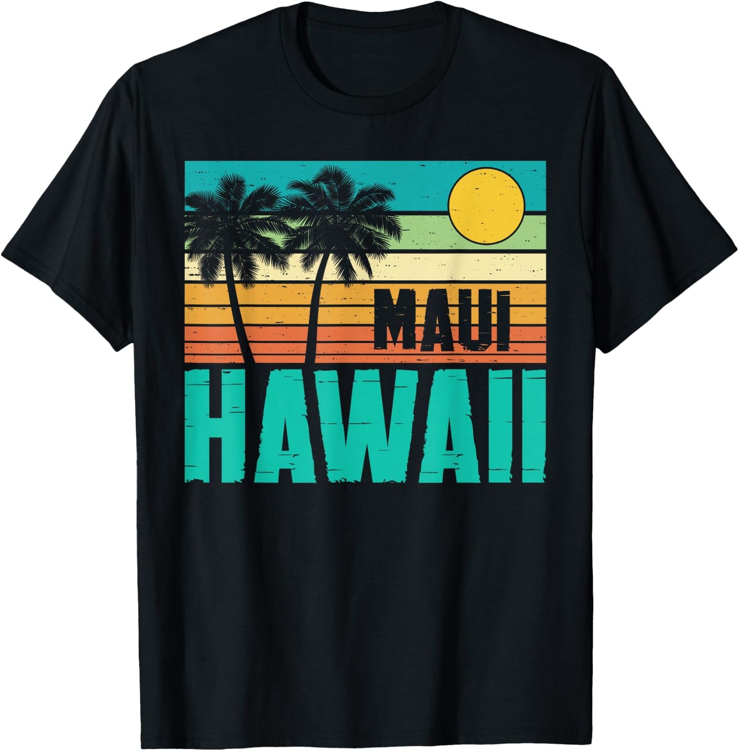 Maui Hawaii Beach Sunset Palm Trees Retro Summer Vacation T-Shirt - T-Shirt | Black