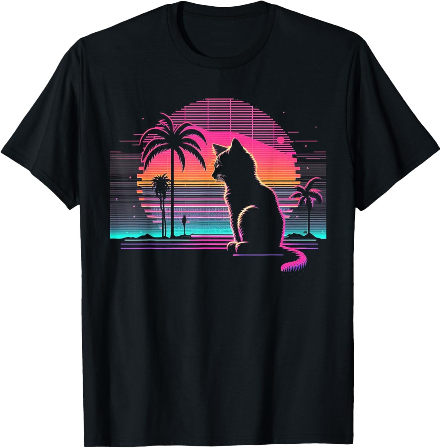 Cat Vaporwave Retrowave Aesthetic Synthwave 80s Palm Tree T-Shirt - T-Shirt | Black