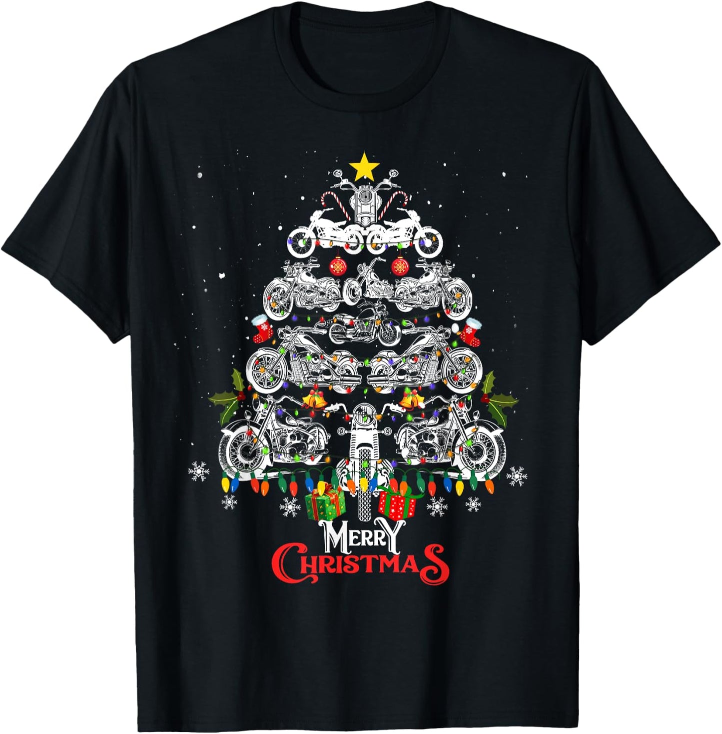 Merry Christmas Motorcycle Tree Christmas Lights Biker Xmas T-Shirt - T-Shirt | Black