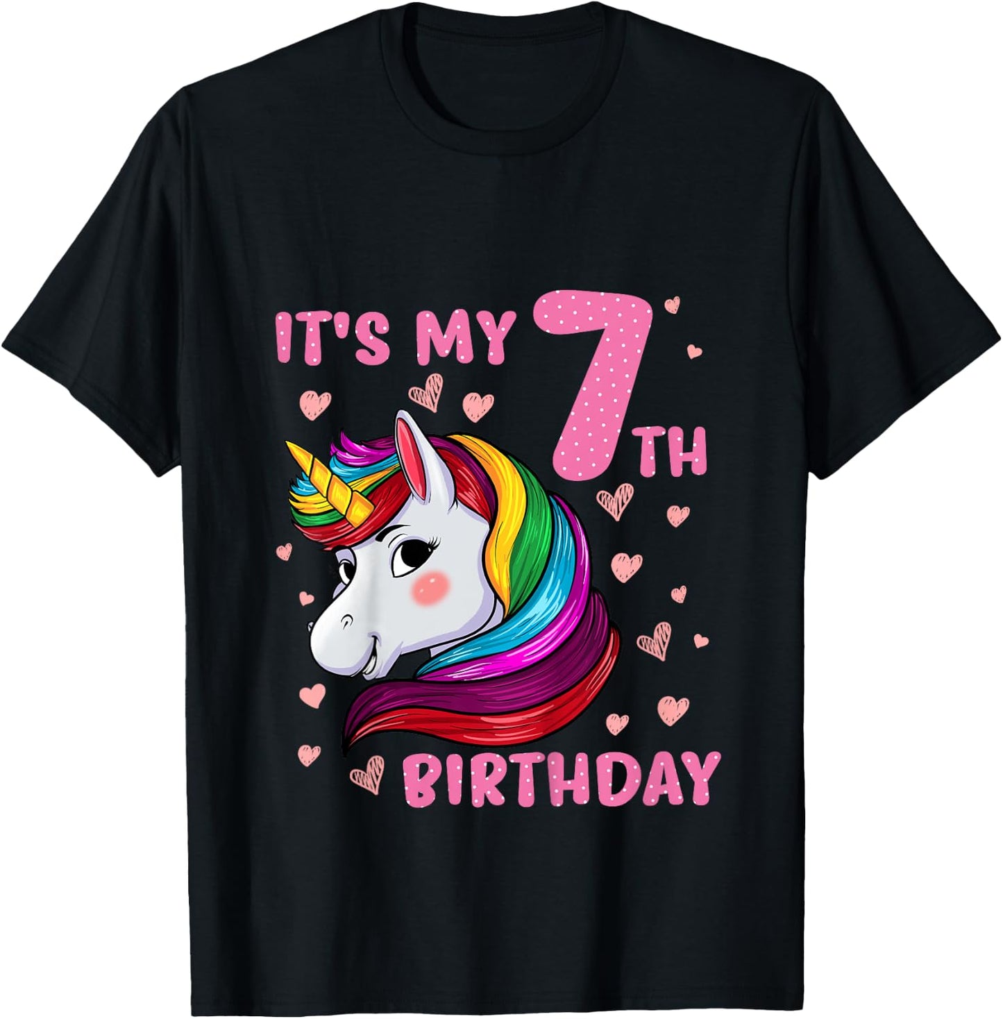 Unicorn Girl 7 Birthday Unicorn It's My 7th Birthday T-Shirt - T-Shirt | Black