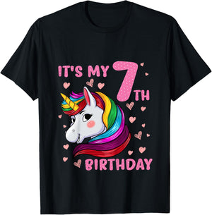 Unicorn Girl 7 Birthday Unicorn It's My 7th Birthday T-Shirt - T-Shirt | Black