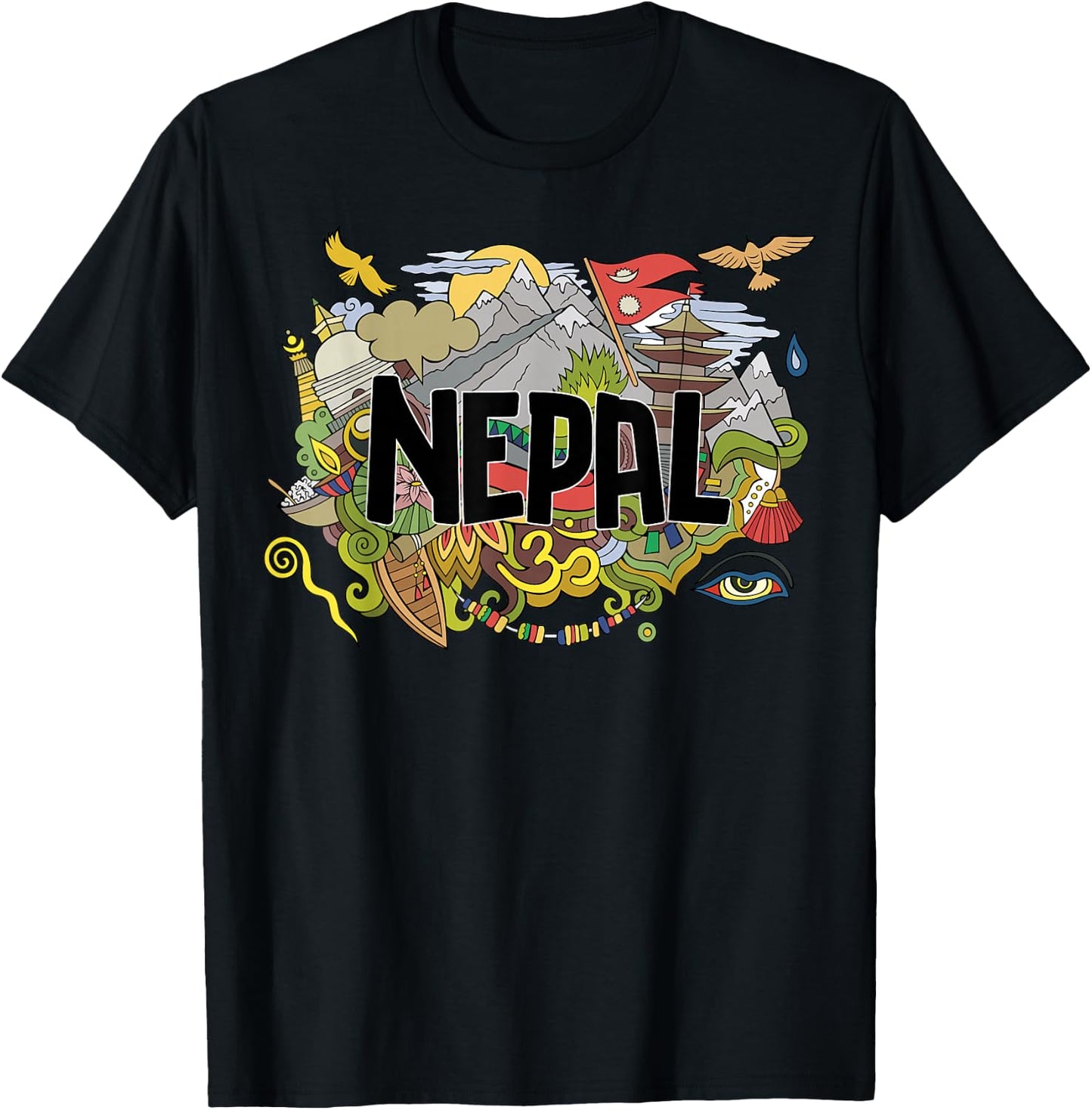 Nepali Flag Collage Everest Temples and Cultures of Nepal T-Shirt - T-Shirt | Black