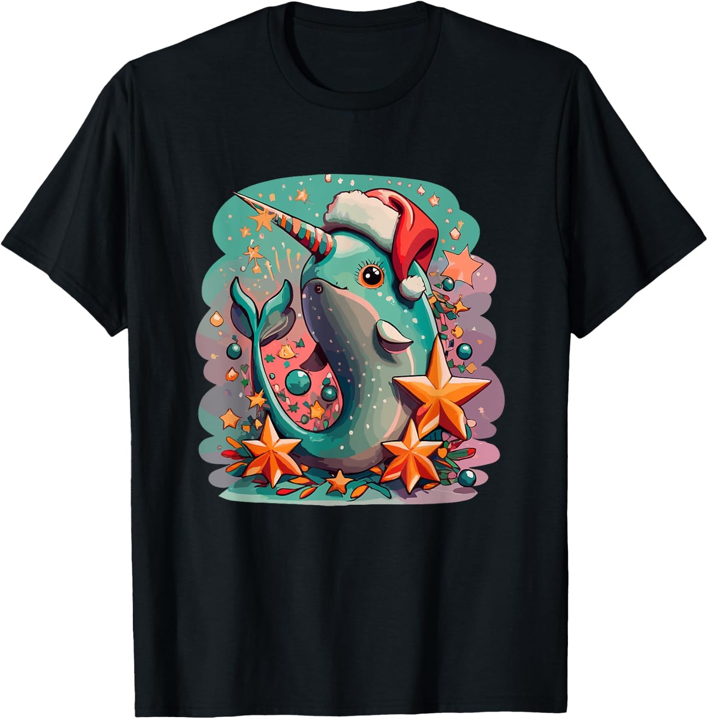 Cute Baby Narwhal Santa Hat Christmas Girls Women Boys Kids T-Shirt - T-Shirt | Black