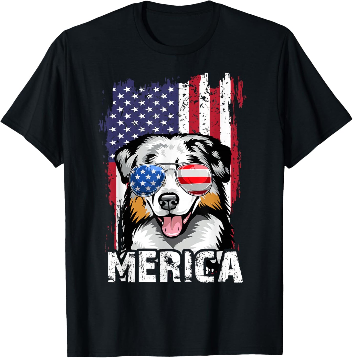Australian Shepherd 4th of July Merica USA Flag Aussie Dog T-Shirt - T-Shirt | Black