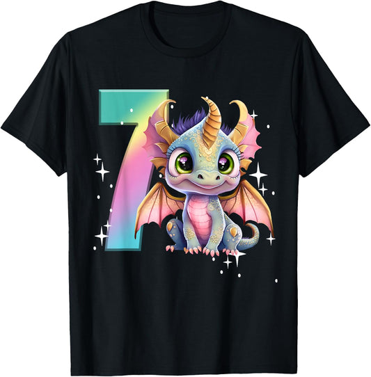 7th Birthday Shirt Dragon Party Rainbow Girl Dragon Seven 7 T-Shirt - T-Shirt | Black