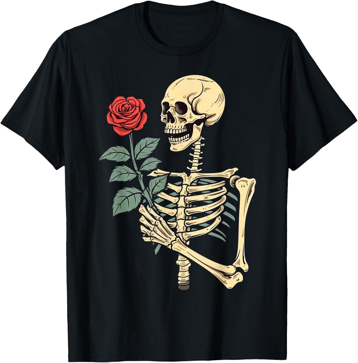 Skeleton Hand Holding a Red Rose T-Shirt - T-Shirt | Black