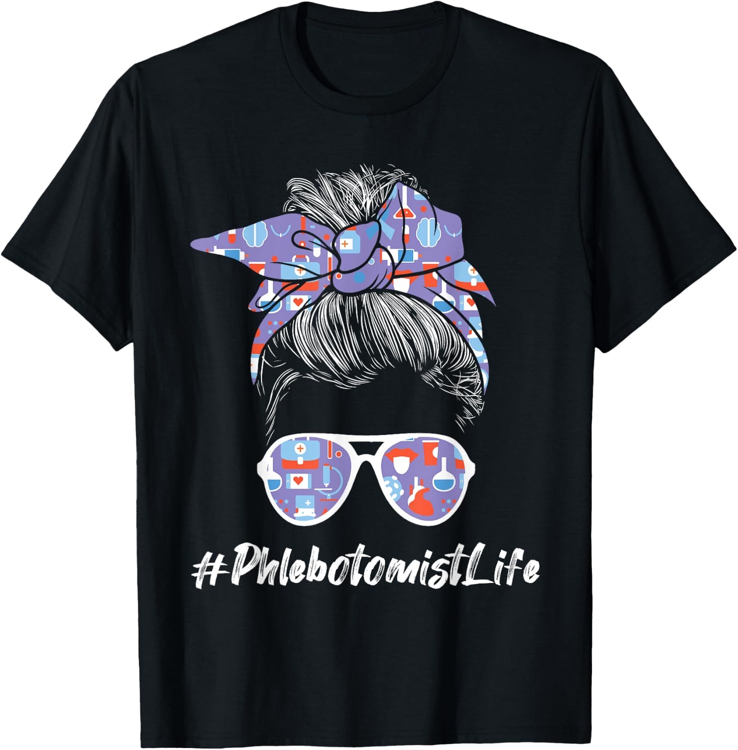 Phlebotomist Life - Woman Messy Hair Phlebotomy Technician T-Shirt - T-Shirt | Black