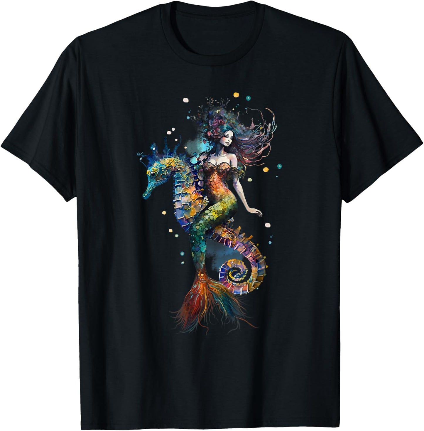 Mermaid Riding Seahorse Fantasy Ocean Mythical Creature T-Shirt - T-Shirt | Black
