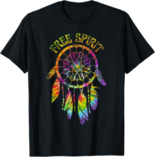 Free Spirit Tie Dye Groovy Dream Catcher Feathers Tribal T-Shirt - T-Shirt | Black
