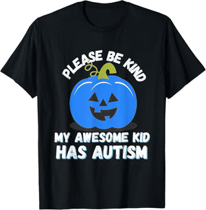 Blue Pumpkin Bucket Halloween Be Kind My Son Has Autism T-Shirt - T-Shirt | Black