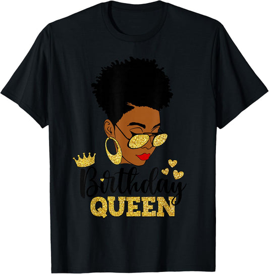 Birthday Queen Afro Short Hair African American Black Woman T-Shirt - T-Shirt | Black