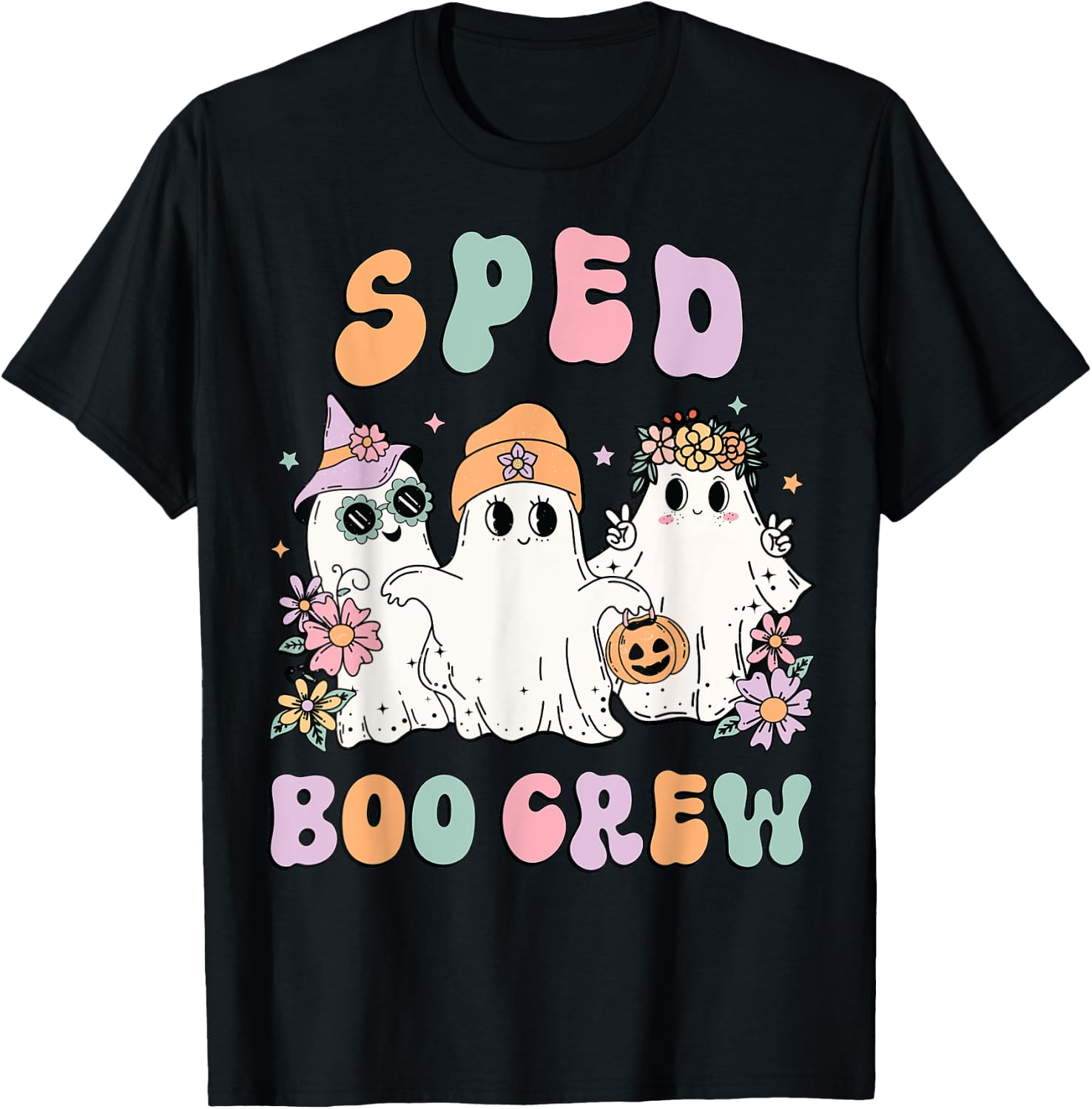 SPED Boo Crew Halloween Floral Ghost Special Ed SPED Teacher Women Kids T-Shirt - T-Shirt | Black