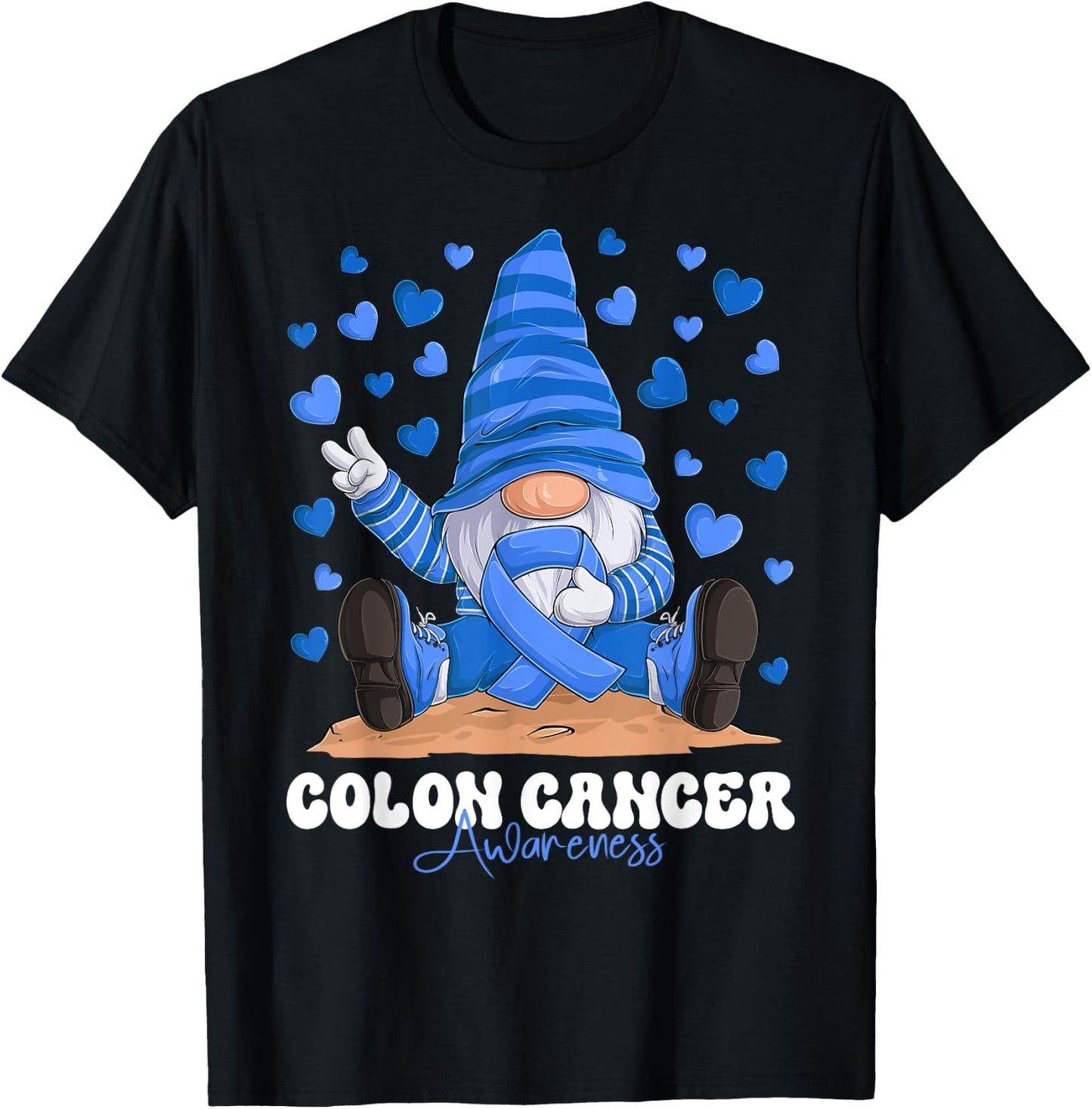 Colon Cancer Awareness Month Blue Ribbon Gnome T-Shirt - T-Shirt | Black