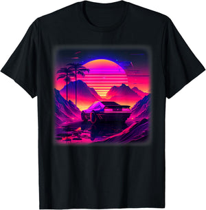 Synthwave Vaporwave Sunset Palm Trees 80s 90s Illustration T-Shirt - T-Shirt | Black