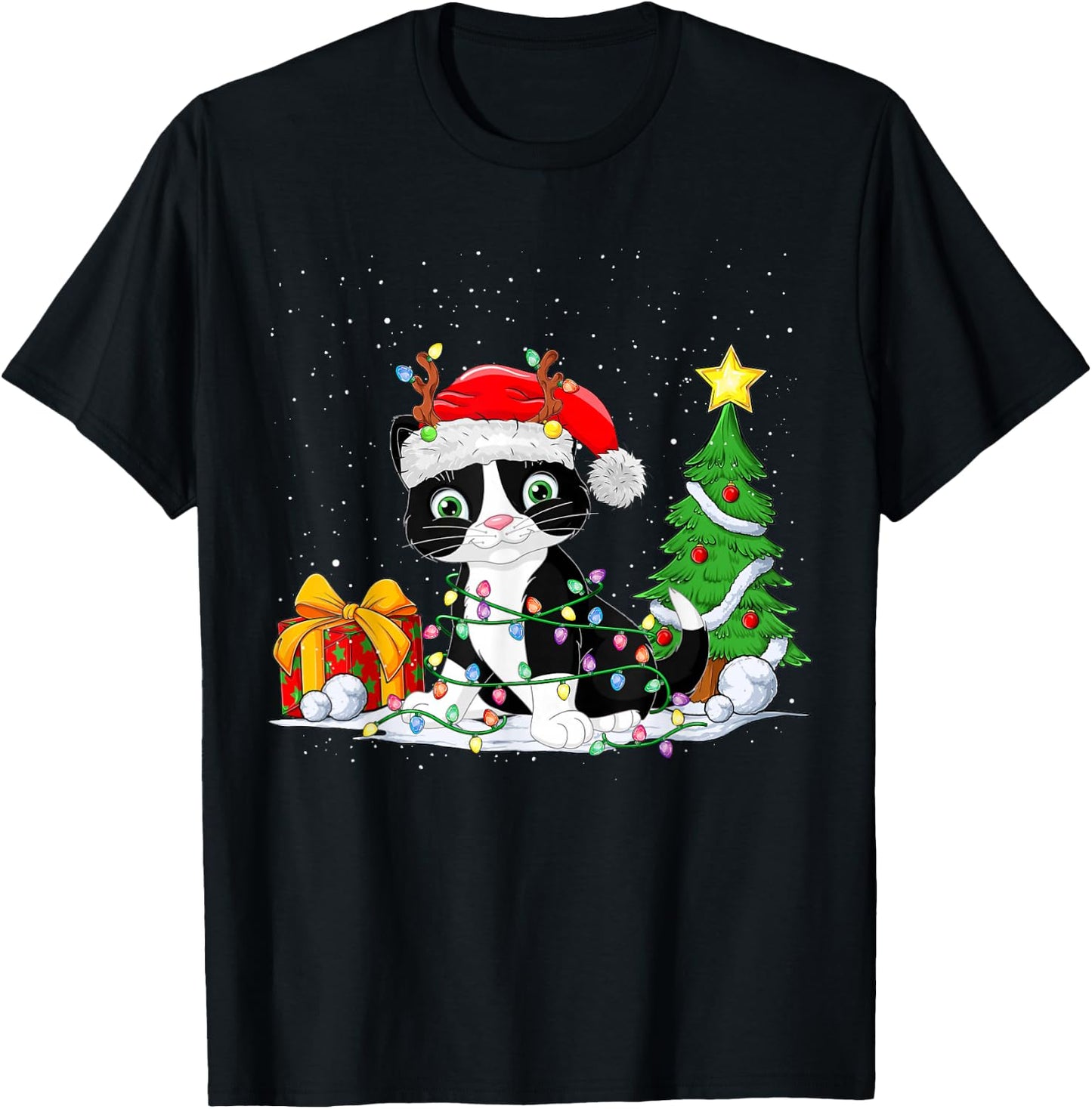 Cute Tuxedo Cat Santa Christmas Tree Lights Xmas Tuxedo Cat T-Shirt - T-Shirt | Black