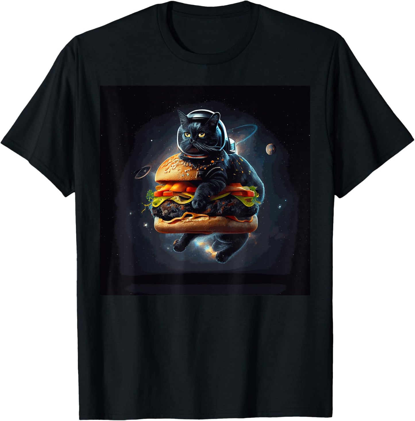 Funny Black Cat Astronaut Hamburger For Kids, Women, Men T-Shirt - T-Shirt | Black