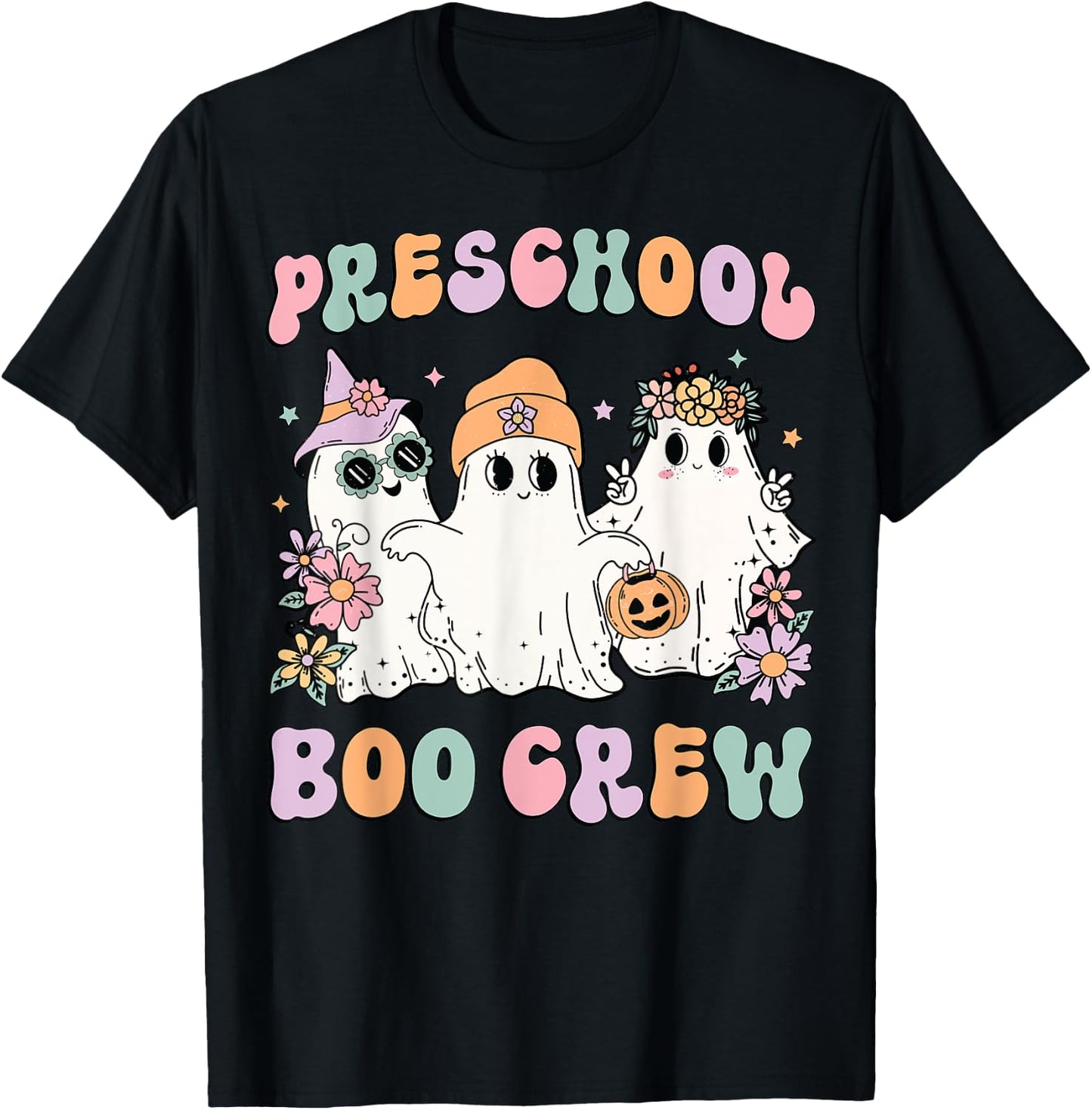 Preschool Boo Crew Groovy Halloween Floral Ghost Teacher Men Women Kids T-Shirt - T-Shirt | Black