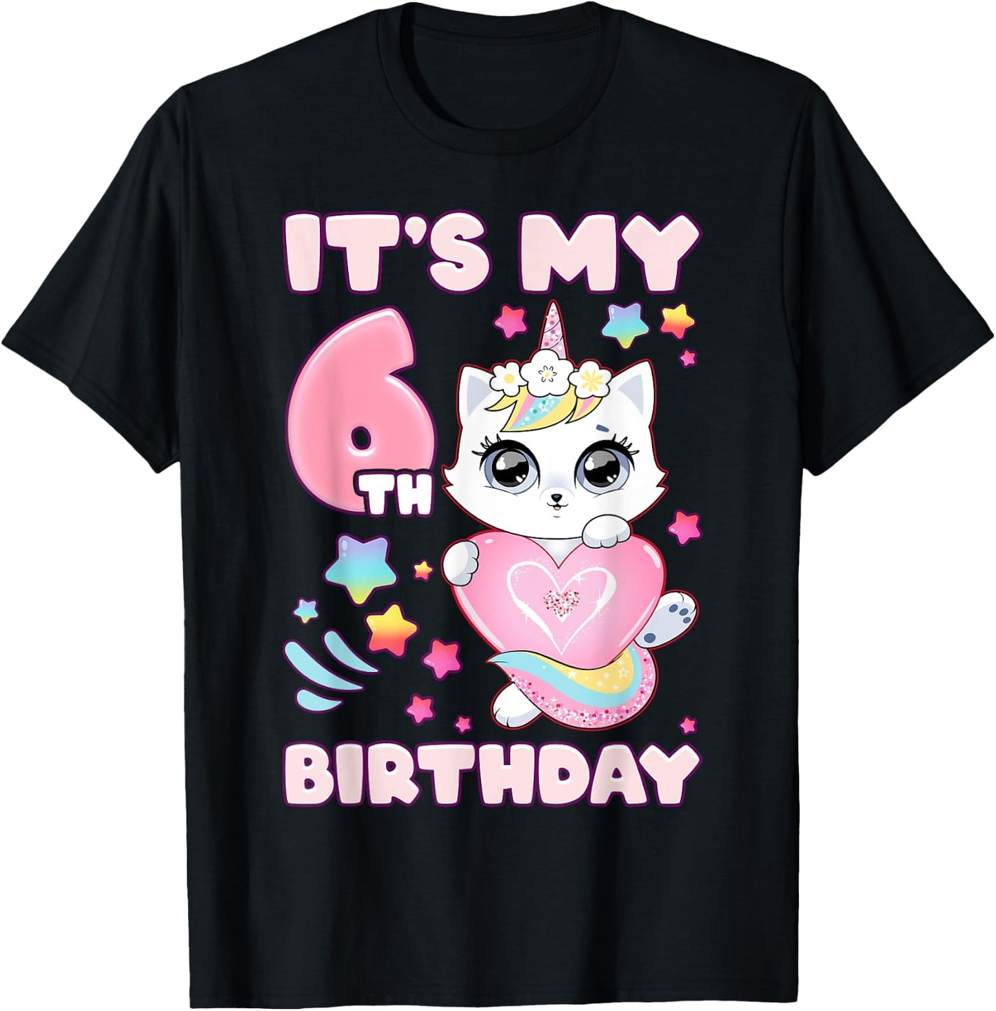 Birthday girl 6 years old, cat, unicorn, 6th birthday T-Shirt - T-Shirt | Black