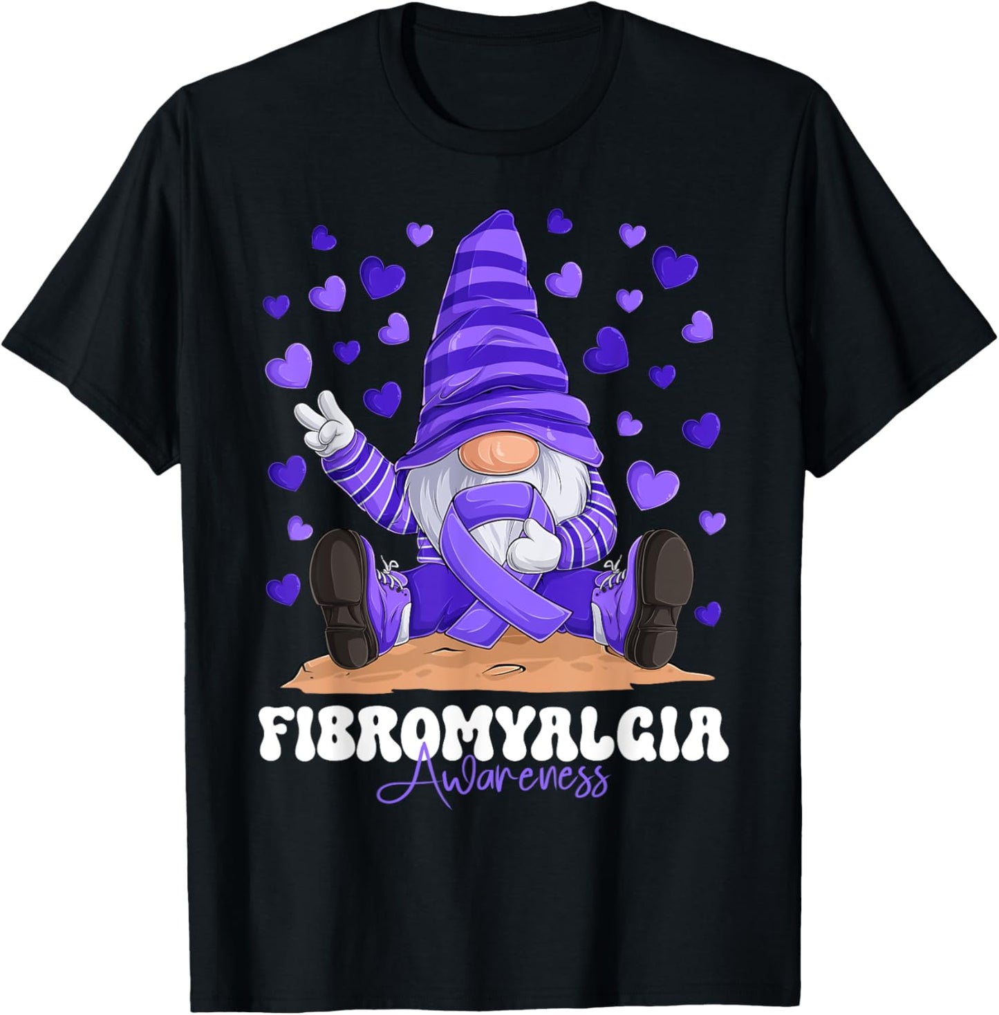 Fibromyalgia Awareness Month Purple Ribbon Gnome T-Shirt - T-Shirt | Black